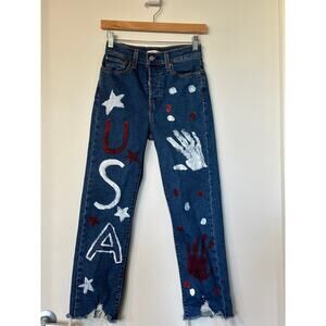 Levi’s Women’s 25 Wedgie Straight Fit Utility Denim Jeans Painted USA Distressed